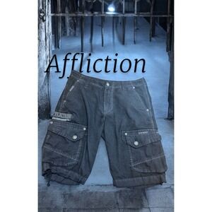 Y2K AFFLICTION Cargo Shorts Mens 34 Black Premium Bermuda ‎ Drawstring Pockets